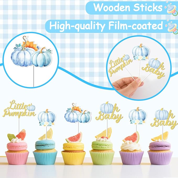 Little Pumpkin Cupcake Toppers, 24 Pcs Pumpkin Cupcake Picks Little Pumpkin Baby Shower Decorations Little Pumpkin Baby Shower Party Supplies