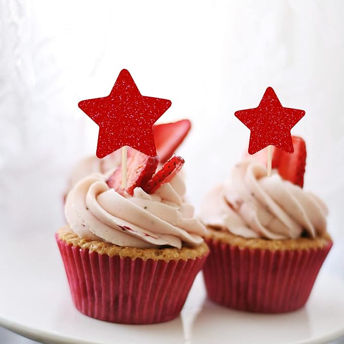 30 PCS Star Cupcake Toppers Glitter Mixed Size Twinkle Little Star Cupcake Picks Decorations for Wedding Anniversary Baby Shower Birthday Party Supplies Red