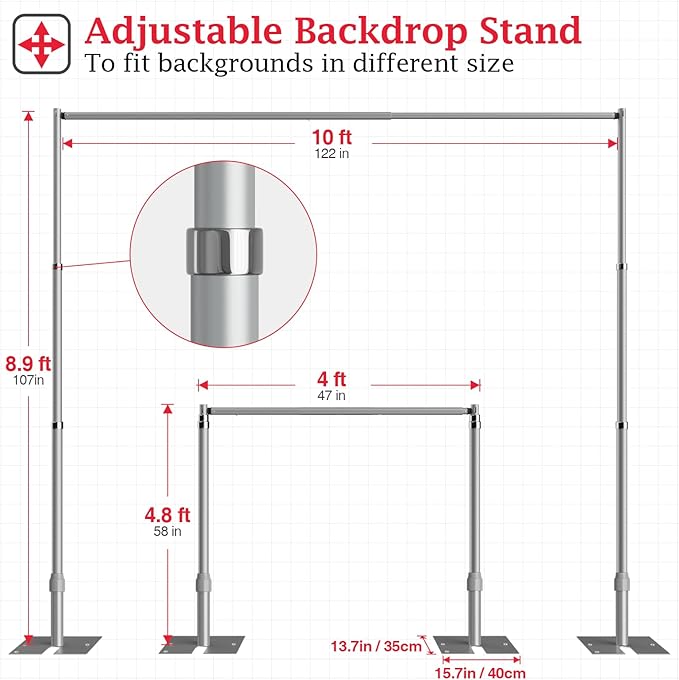 EMART Pipe and Drape Backdrop Stand Kit, 8.9ftx10ft Heavy Duty Adjustable Photo Background, Metal Frame with Flat Base for Wedding, Birthday Party, Banquet Decorations - Silver
