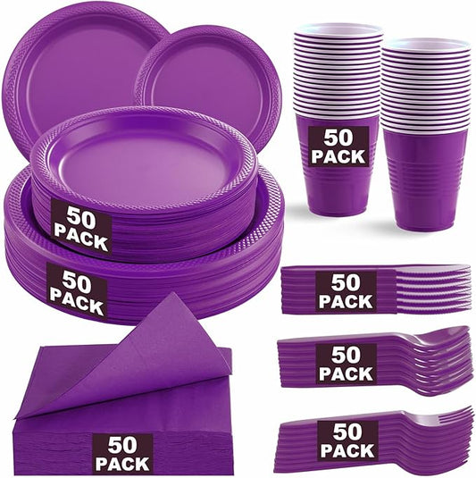 MirthMood 350Pcs Purple Party Supplies, Purple Plastic Dinnerware Set, Including Plates and Napkins, Plastic Cutlery and 12OZ Cups