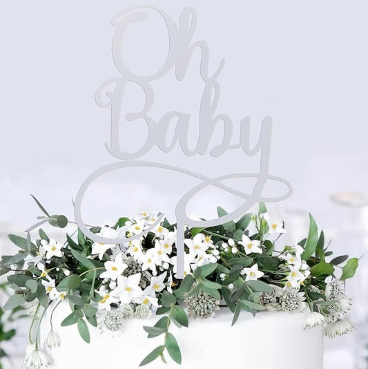 Oh Baby Cake Topper - Glitter Silver Acrylic Baby Shower Cake Decorations, Gender Reveal Cake Pick (Silver)