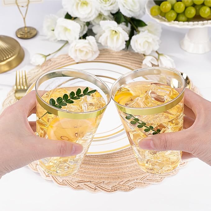 BESTVIP 12oz Gold Plastic Cups, 100 Pack Gold Rimmed Disposable Cups, Heavy-duty Party Cocktail Glasses, Plastic Cups for Party, Holiday, Christmas, Wedding and Birthday