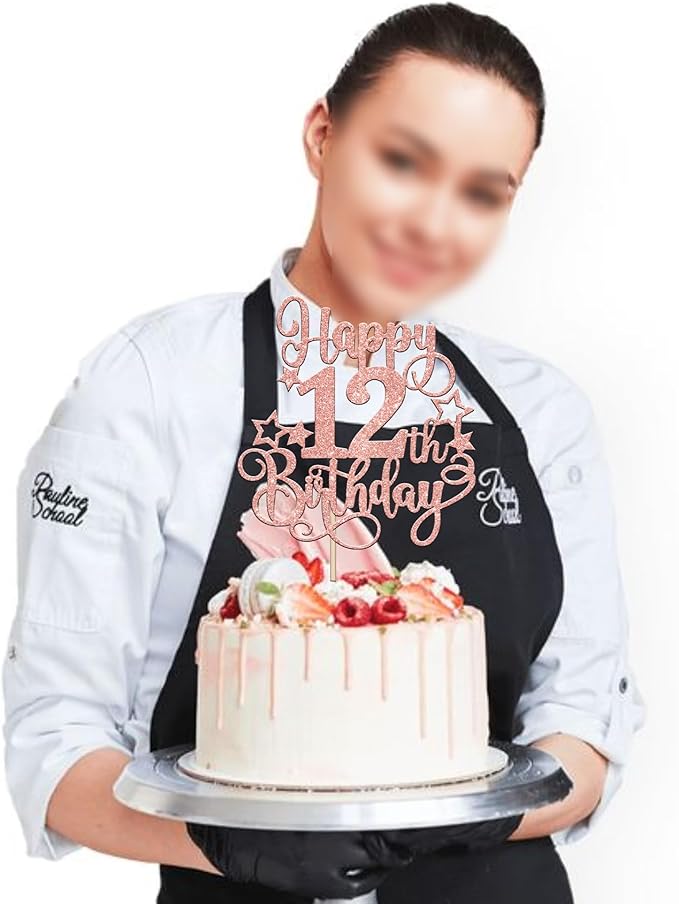 1 PCS Happy 12th Birthday Cake Topper Glitter Cheers to 12 Years Birthday Cake Pick Hello 12 Fabulous Cake Decoration for Happy 12th Birthday Anniversary Party Decorations Supplies Rose Gold