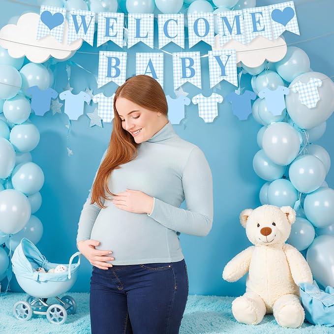 1 Pcs Blue Gingham Welcome Baby Banner for Party Decorations Blue Pre Strung Baby Shower Gender Reveal Paper Banner for Table, Wall or Mantel Display Party Decor Supplies