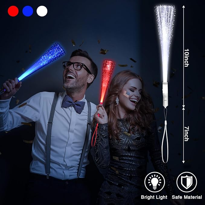 48 PCS Red Blue White Glow Fiber Wands Sticks LED Light Wands 3 Modes Flashing Fiber Optic Light Rod Bulk Fiber Optic Wands for July 4th Party Supplies