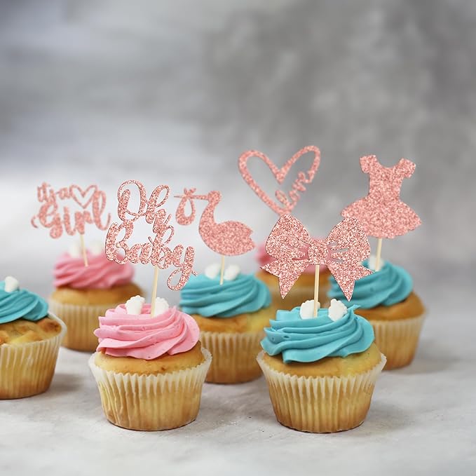 Gyufise 36 Pack Oh Baby Cupcake Toppers It's a Girl Cupcake Toppers with Bow Dress Love Heart Rose Gold Glitter Cake Picks Decorations for Baby Shower Girl Birthday Party Supplies