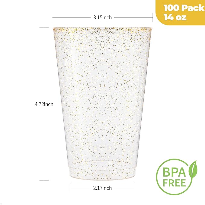 Goodluck 14 oz 100 PCS Gold Glitter Plastic Cups, Disposable Glitter Cups, Elegant Plastic Cocktail Glasses, Fancy Party Cups for Wedding, Birthday, Holiday