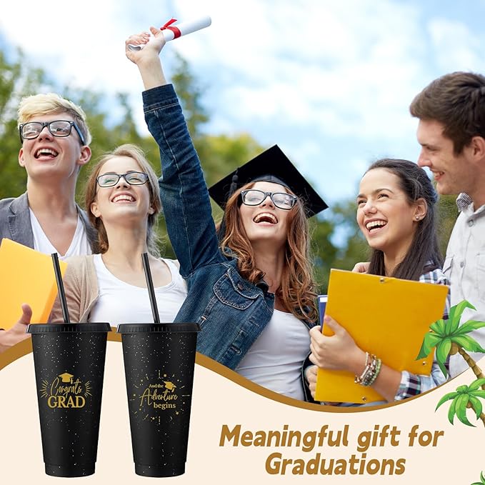 Honeydak 60 Pack Tumbler with Straw and Lid Bulk Cups for Gifts Glitter Plastic Coffee Cups 24-27 oz Reusable Water Bottle Iced Coffee Travel Mug Party Favors for Birthdays Travel (Black)