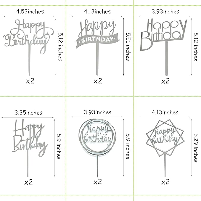 12 Pack Multi Styles Birthday Cake Topper Set, Acrylic Cake Bunting Decor Birthday Cake Picks Party Decorations Supplies(Silver)
