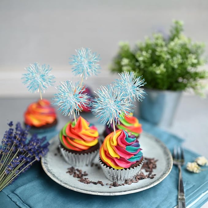 Gyufise 30Pcs Foil Firework Cupcake Toppers Sparkle Tinsel Cake Toppers Tinsel Drink Cake Decoration Cocktail Picks for Birthday Wedding Graduation Party Supplies Laser Blue