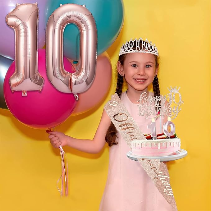 10th Birthday Decorations for Girl, 10th Birthday Sash and Crown, Cake Topper, Number Candles and Balloons, 10 Year Old Gifts for Girls