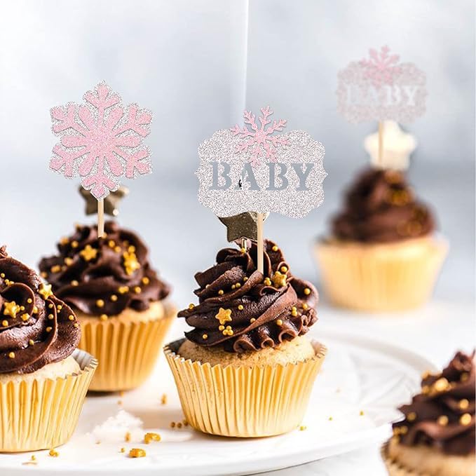 ZHUOWEISM 24 PCS Snowflake Baby Cupcake Toppers Glitter Winter Shower Picks Decorations for Theme Boy Kids Birthday Christmas Party Supplies Pink, Pattern 4 Silver+pink