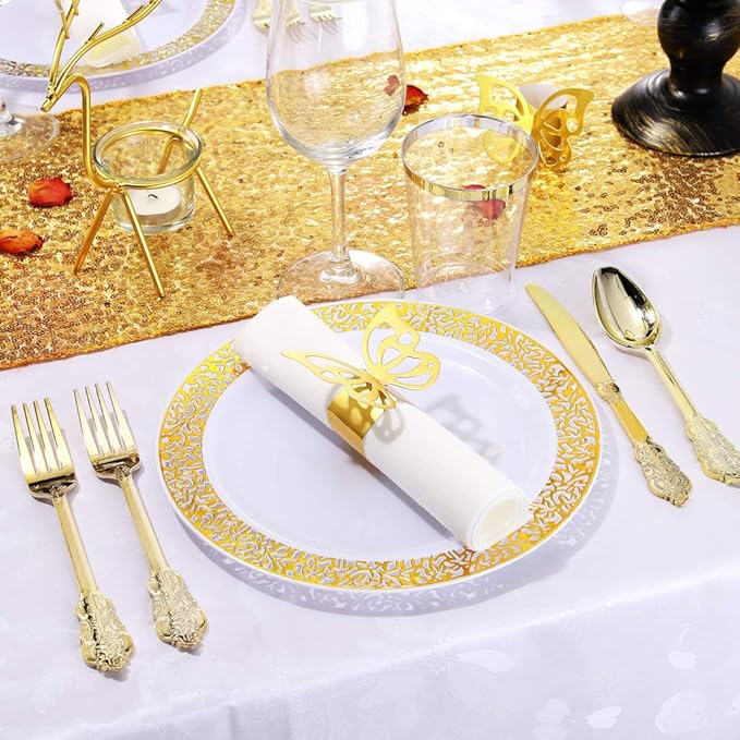 Nervure 200PCS Gold Plastic Silverware Set- Disposable Flatware - Disposable Gold Plastic Cutlery for Party- Includes 50 Forks,50 Spoons,50 Knives,50 Napkins,50 Butterfly Clasp