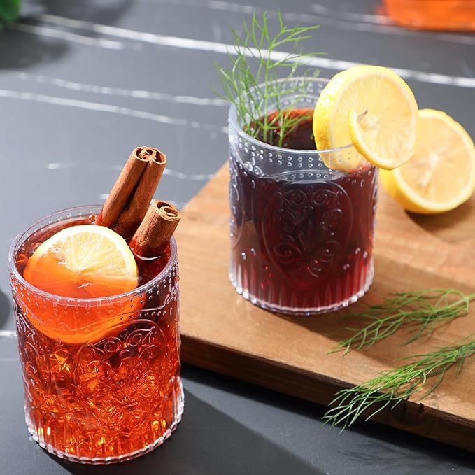 6 Plastic Vintage Drinking Glasses 8.5oz Stemless Retro Embossed Wine Glasses Shatterproof Reusable Cups for Baby Shower Wedding Reception Grand Event Party (Clear)