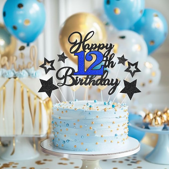 12th Birthday Cake Topper, Black Blue Happy 12th Birthday Cake Toppers for Boy Girl, 12 Years Old Birthday Party Supplies, Glitter Cake Decor, 12th Birthday Cake Decorations