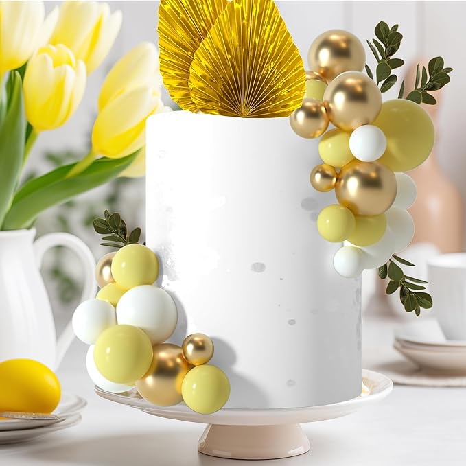 NEBURORA 64 Pcs Balls Cake Toppers and Leaves Decoration Set Mini Balloons for Cake Decorating Supplies Balls Cake decorations for Baby Shower Cake Toppers Birthday Cake Decorations (Yellow Gold)