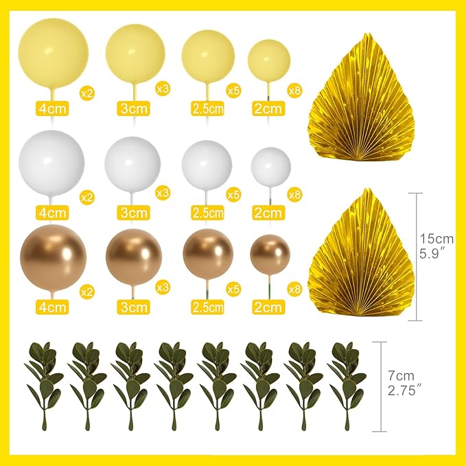 NEBURORA 64 Pcs Balls Cake Toppers and Leaves Decoration Set Mini Balloons for Cake Decorating Supplies Balls Cake decorations for Baby Shower Cake Toppers Birthday Cake Decorations (Yellow Gold)