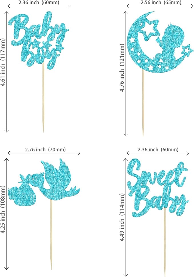 24Pcs Sweet Baby Boy Cupcake Toppers Blue Glitter Moon Star Baby Shower Cupcake Picks Decorations for Gender Reveal Baby Shower Kids Boys Birthday Party Supplies