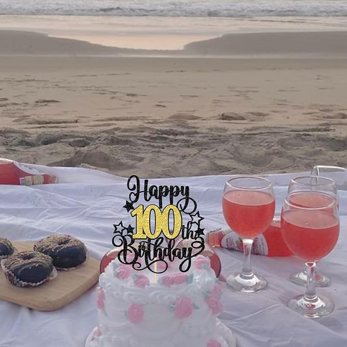 1 PCS Happy 100th Birthday Cake Topper Black Gold Glitter Cheers to 100 Years Birthday Cake Pick Hello 100 Fabulous Cake Decoration for Happy 100th Birthday Anniversary Party Decorations Supplies