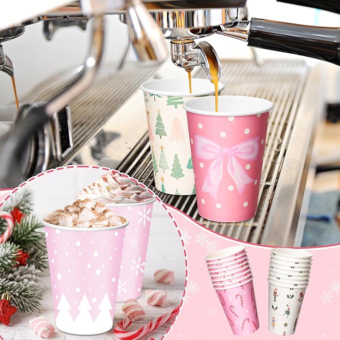 Yungyan 60 Sets Christmas Disposable Coffee Cups with Lids 12 oz Pink Xmas Paper Cups Hot Cocoa To-go Coffee Mug for Hot Cold Drinks Chocolate Tea Beverage Christmas Party Supplies