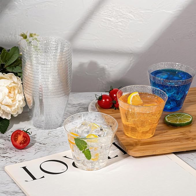 I00000 9oz 200 Pack Silver Plastic Cups, 9 Ounce Plastic Wine Cups with Silver Glitter Design, Fancy Wedding Cup, Cocktail Disposable Cup, Perfect for Parties, Wedding and Festival Events