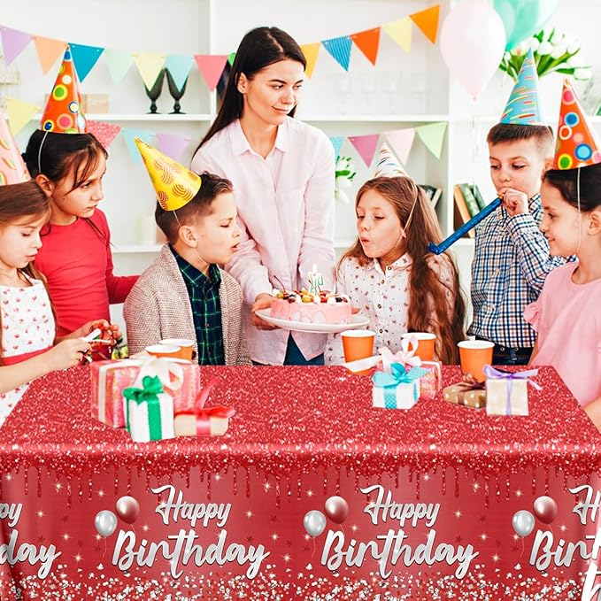 Happy Birthday Party Decorations 3Pcs Happy Birthday Tablecloth Red and Sliver Table Cloth Plastic Table Cover for Women Men Baby Shower Party Supplies