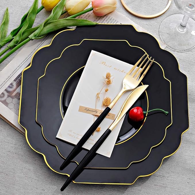 Supernal 102pcs Gold Plastic Silverware, Golden Cutlery with Black Handle, Disposable Flatware Collection, Includes 34 Plastic Forks and Spoons and Knives Ideal for Weddings, Parties, and Birthdays