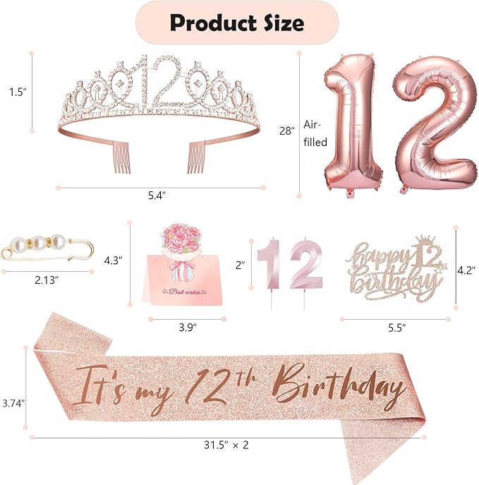 12th Birthday Decorations for Girls, Including 12 year old Cake Topper, Birthday Queen Sash with Pearl Pin, Sweet Rhinestone Tiara Crown, Number Candles and Balloons Set, Rose Gold
