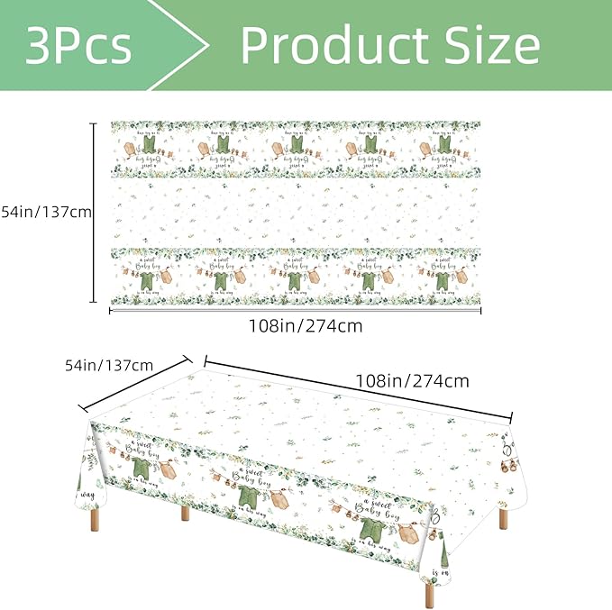 3PCS Greenery Gender Reveal Baby Shower Tablecloth, Boho Greenery A Sweet Baby Boy is On His Way Party Supplies TableCover for Gender Reveal Party, 54 x 108INCH (Green)