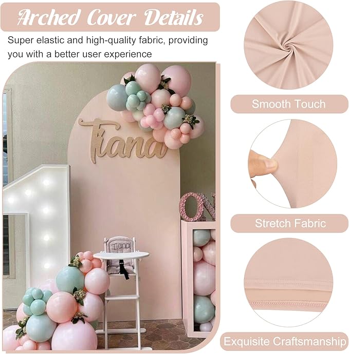 Metal Arch Stand and Cover Set,1 Nude Spandex Fitted Backdrop with 1 Gold Wedding Arched Stand Frame for Parties Birthday Baby Shower Bridal Banquet Decoration (7.2FT)