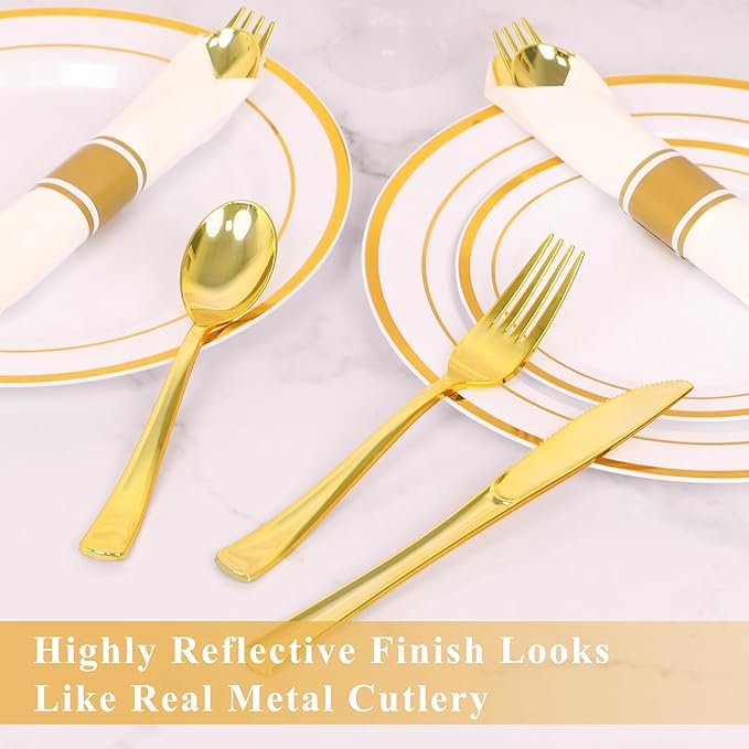 50 Pack Pre Rolled Gold Plastic Silverware Set,Wrapped Plastic Cutlery Set with Napkin Include 50 Forks,50 Spoons,50 Knives and 50 White Napkins for Party,Wedding,Christmas