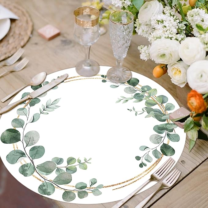 Disposable Paper Placemats - 100 Pack Green Eucalyptus Leaves Round Table Mats, 13.7 Inch, Perfect for Birthday, Baby Shower, Party Decoration