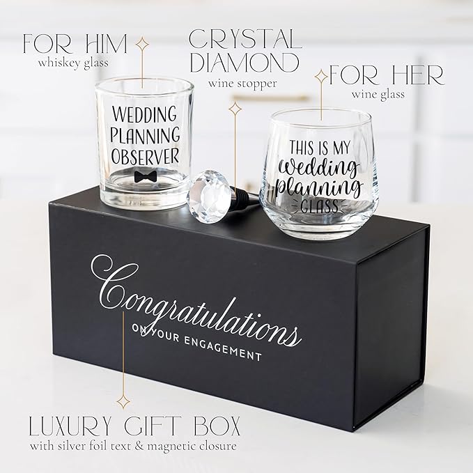 Wedding Planning Glass Engagement Gifts for Couples - Wine Whiskey Fiance Gift for Her and Him - Newly Engaged Couple Unique Glasses with Diamond Wine Stopper
