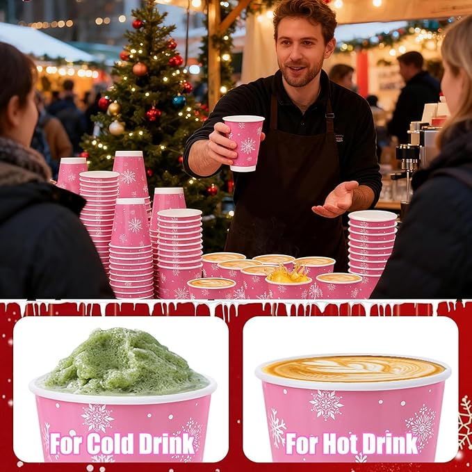 100 Pcs 12 Oz Pink Christmas Coffee Cups with Lids Snowflake Winter Wonderland Disposable Cups Insulated Paper Cups Togo Cups for Hot Chocolate Water Tea Xmas Holiday Birthday Party Supplies
