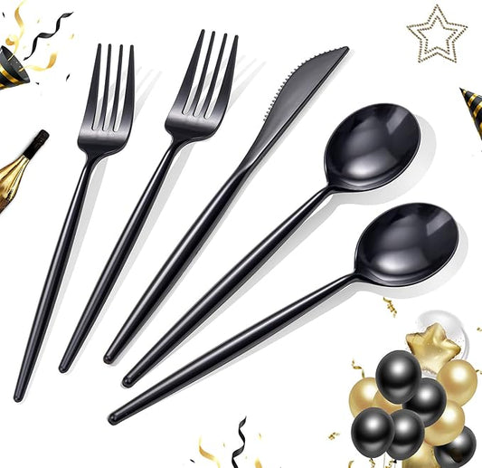 Rubtlamp 90Pcs Plastic Black Silverware, New Year black Disposable Cutlery, Plastic Utensils Heavy Duty include 30 Disposable Knives,60 plastic Forks and Spoons, black Cutlery For New Year Party