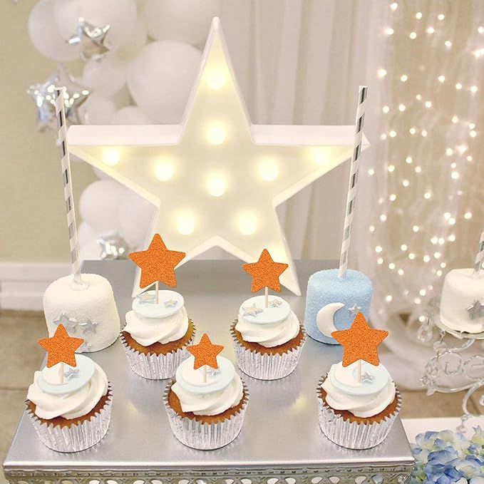 30 PCS Star Cupcake Toppers Glitter Assembled Twinkle Star Cupcake Picks Wedding Engagement Bridal Shower Birthday Party Cake Decorations Supplies Mixed Size Orange
