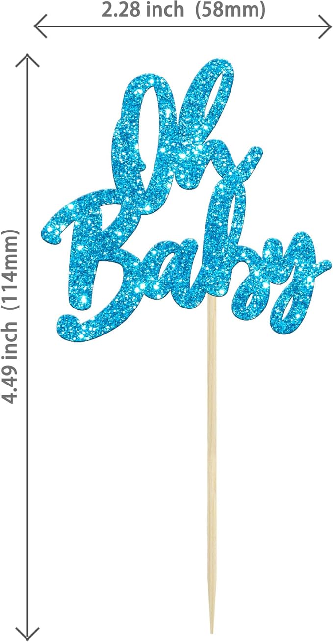 24Pcs Oh Baby Cupcake Toppers Glitter Baby Shower Cupcake Picks Gender Reveal Theme Cake Decorations for Baby Shower Kids Boys Girls Birthday Party Supplies Blue