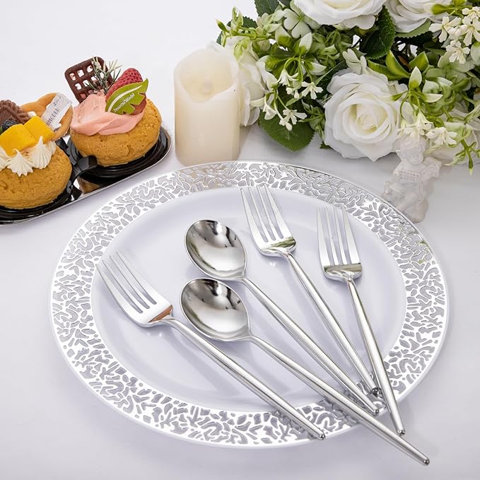 SUT 100Pcs Silver Plastic Silverware - Plastic Spoons and Forks, Disposable Silverware, Plastic Cutlery Set,50 Gold Plastic Forks, 50 Gold Plastic Spoons for Catering, Parties, Dinners, Weddings