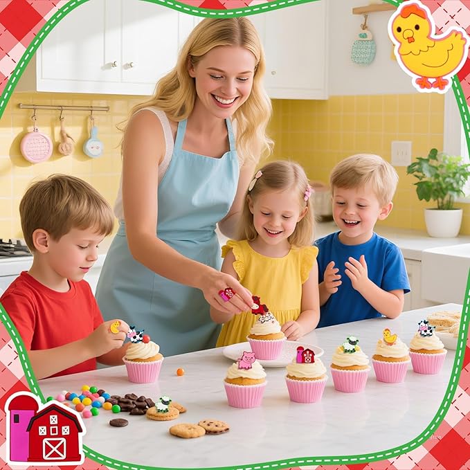 24 PCS Farm Animal Cupcake Toppers Rubber Cupcake Ring Horse Cow Farmhouse Chicken Pig Sheep Cake Toppers for Birthday Baby Shower Barnyard Tractor Theme Party Supplies Decorations