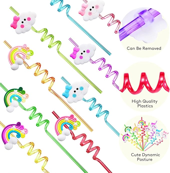Rainbow Birthday Party Supplies Drinking Plastic Straws 24 for Kids Girls Boys Rainbow Cloud Party Favors Decorations with 2 Cleaning Brushes - Set of 26 (8 Styles)