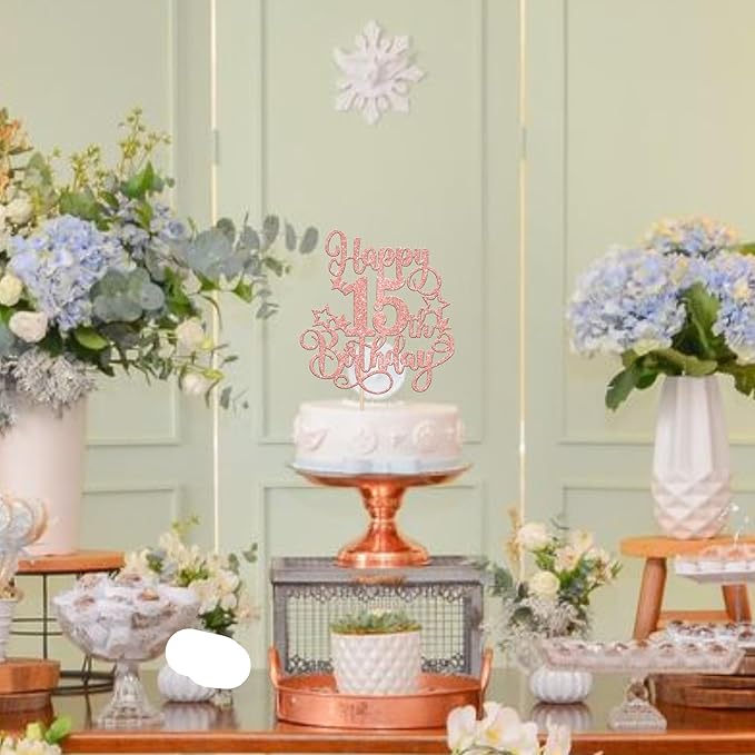 1 PCS Happy 15th Birthday Cake Topper Glitter Cheers to 15 Years Birthday Cake Pick Hello 15 Fabulous Cake Decoration for Happy 15th Birthday Anniversary Party Decorations Supplies Rose Gold