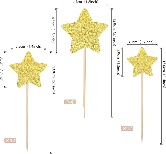 30 PCS Star Cupcake Toppers Glitter Assembled Twinkle Star Cupcake Picks Wedding Engagement Bridal Shower Birthday Party Cake Decorations Supplies Mixed Size Gold