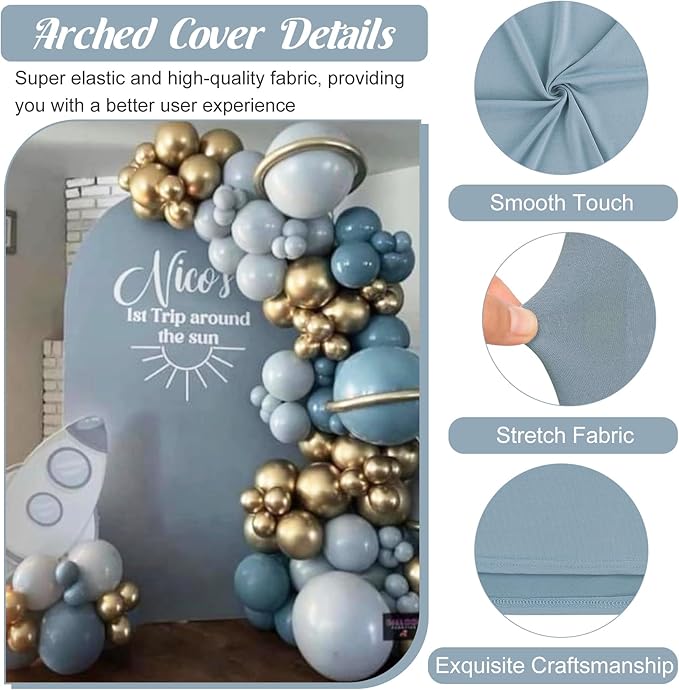 Metal Arch Stand and Cover Set,1 Dusty Blue Spandex Fitted Backdrop with 1 Gold Wedding Arched Stand Frame for Parties Birthday Baby Shower Bridal Banquet Decoration (7.2FT)