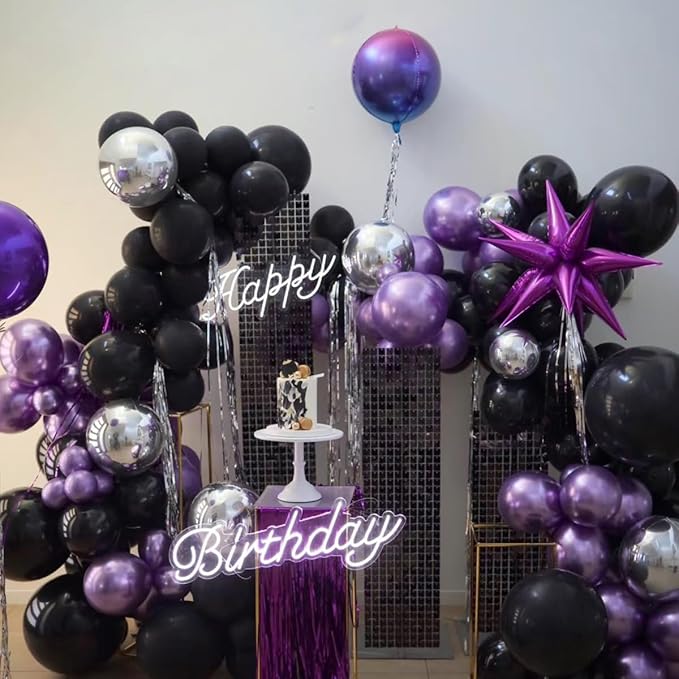 Black Purple and Silver Balloons Arch Kit, 146 Pcs Matte Black Light Purple Confetti Chrome Silver Balloons for Graduation Birthday Party Baby Shower Wedding Decorations