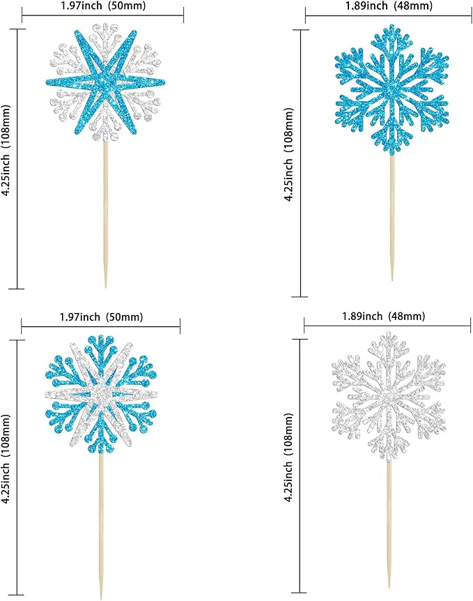 24Pcs Snowflake Cupcake Toppers Winter Frozen Winter Wonderland Cake Pick Decorations for Snowflake Theme Baby Shower Birthday Merry Christmas Party Supplies Blue