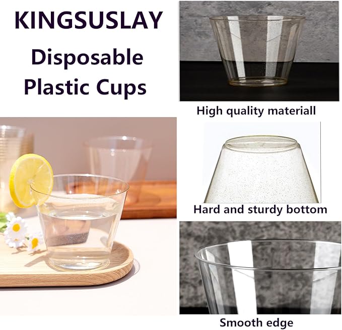 50 Pack Plastic Cups, 9 oz Glitter Disposable Gold Cups, Clear Plastic Tumblers and Clear Party Cup for Weddings, Birthday,Thanksgiving, Christmas,etc.