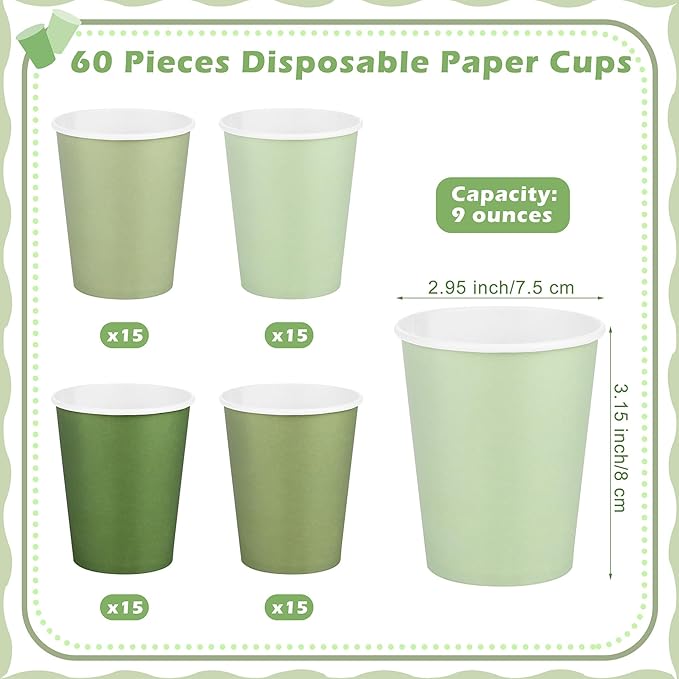 URATOT 60 Pieces 9 Ounce Sage Green Paper Cups Gradient Color Disposable Coffee Cups Party Cups Beverage Drinking Cups for Party, DIY and Holiday Party Supplies