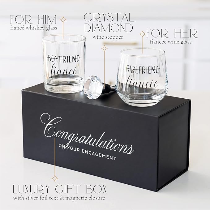 Engagement Gifts for Couples - Unique Fiance Gift for Him or Her! Whiskey Wine Glasses with Diamond Wine Stopper