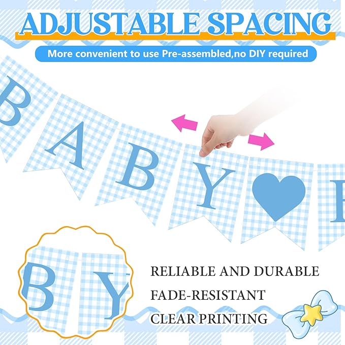 1 Pcs Blue Gingham Baby Boy Banner for Party Decorations Blue Pre Strung Baby Shower It's a Boy Gender Reveal Paper Banner for Table, Wall or Mantel Display Party Decor Supplies