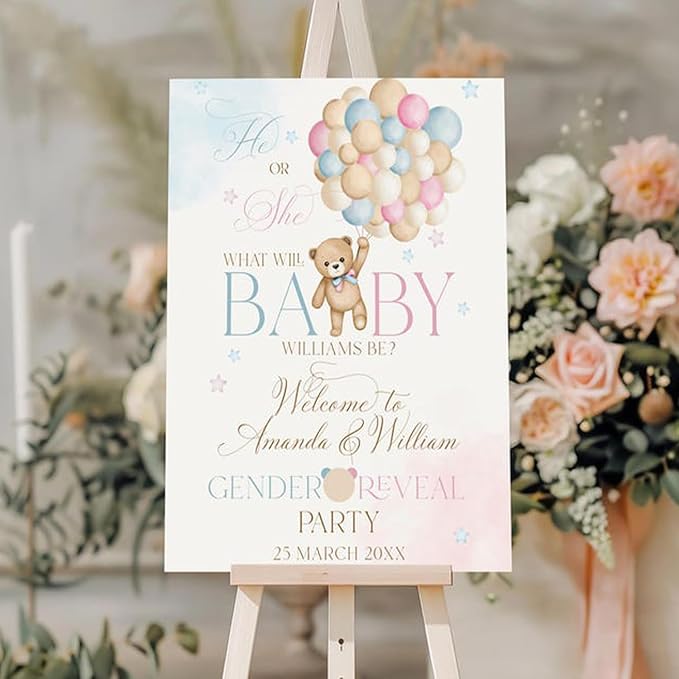 We Can Bearly Wait Gender Reveal Welcome Sign, He or She Bear Theme Banner, Teddy Bear Pink Blue Balloon Boy or Girl Party #5